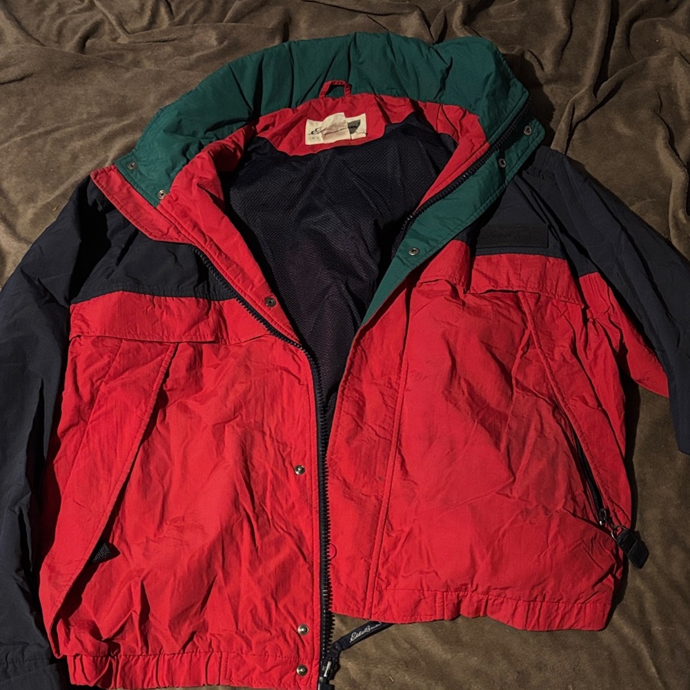Vintage Eddie Bauer Red & Blue Colorblock Hooded Puffer with Green Trim